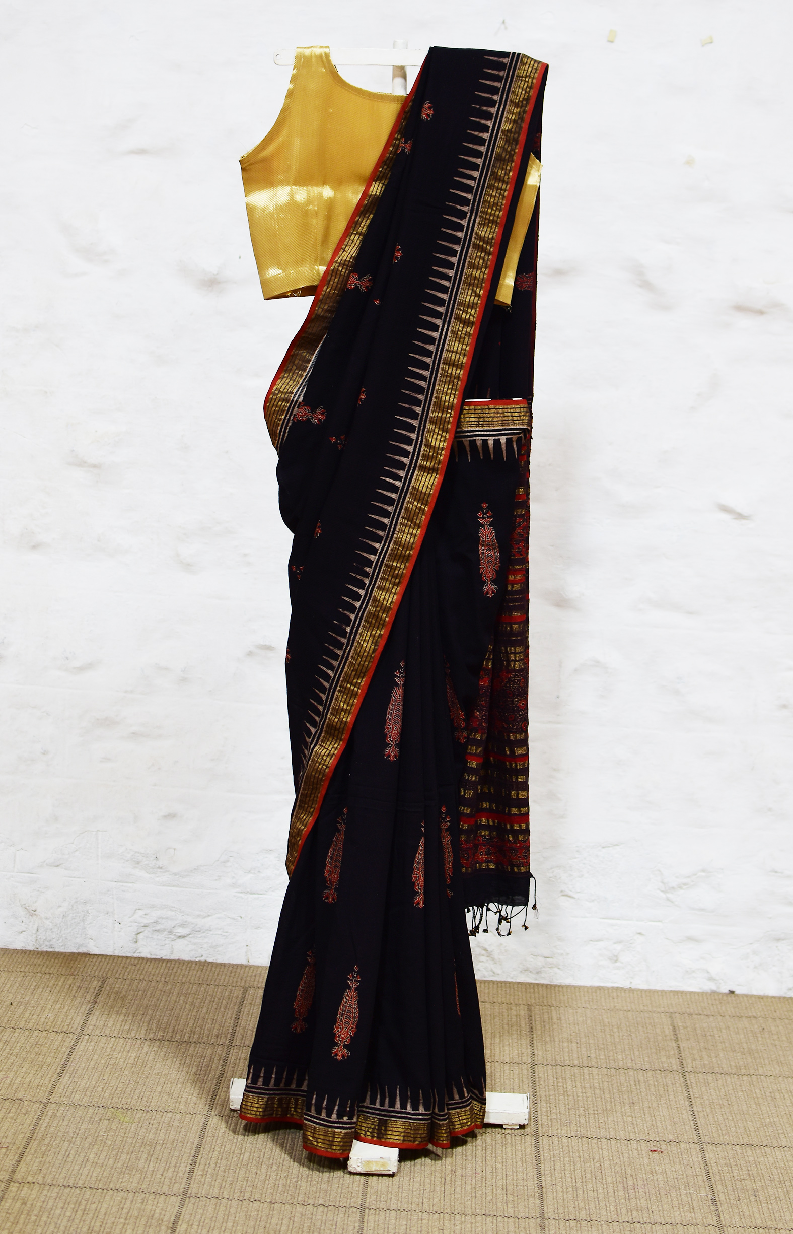 Black and Red, Handwoven Organic Cotton, Textured Weave , Natural dye, Hand block printed, Occasion Wear, Jari, Ajrakh Saree